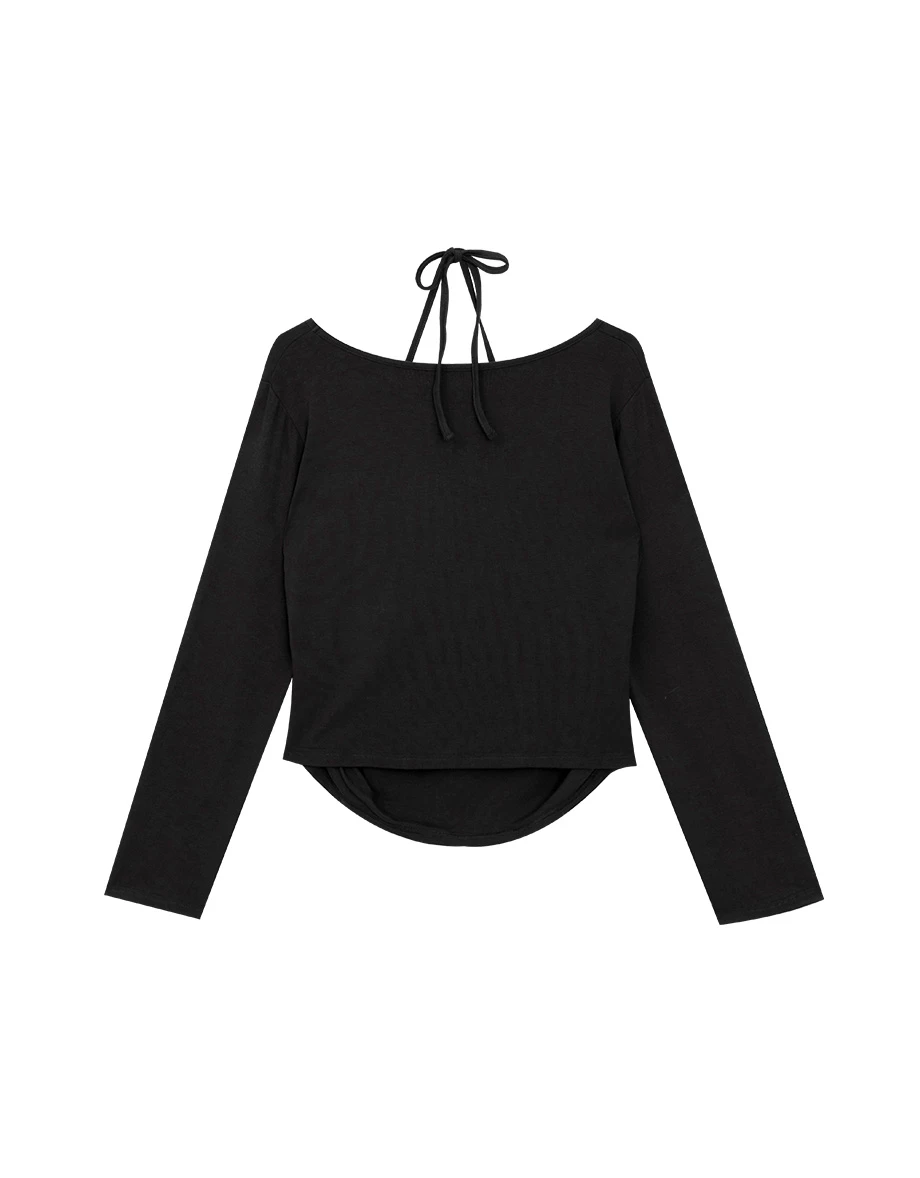 Faux 2 Piece Halter Strap Square Neck Long Sleeve Top