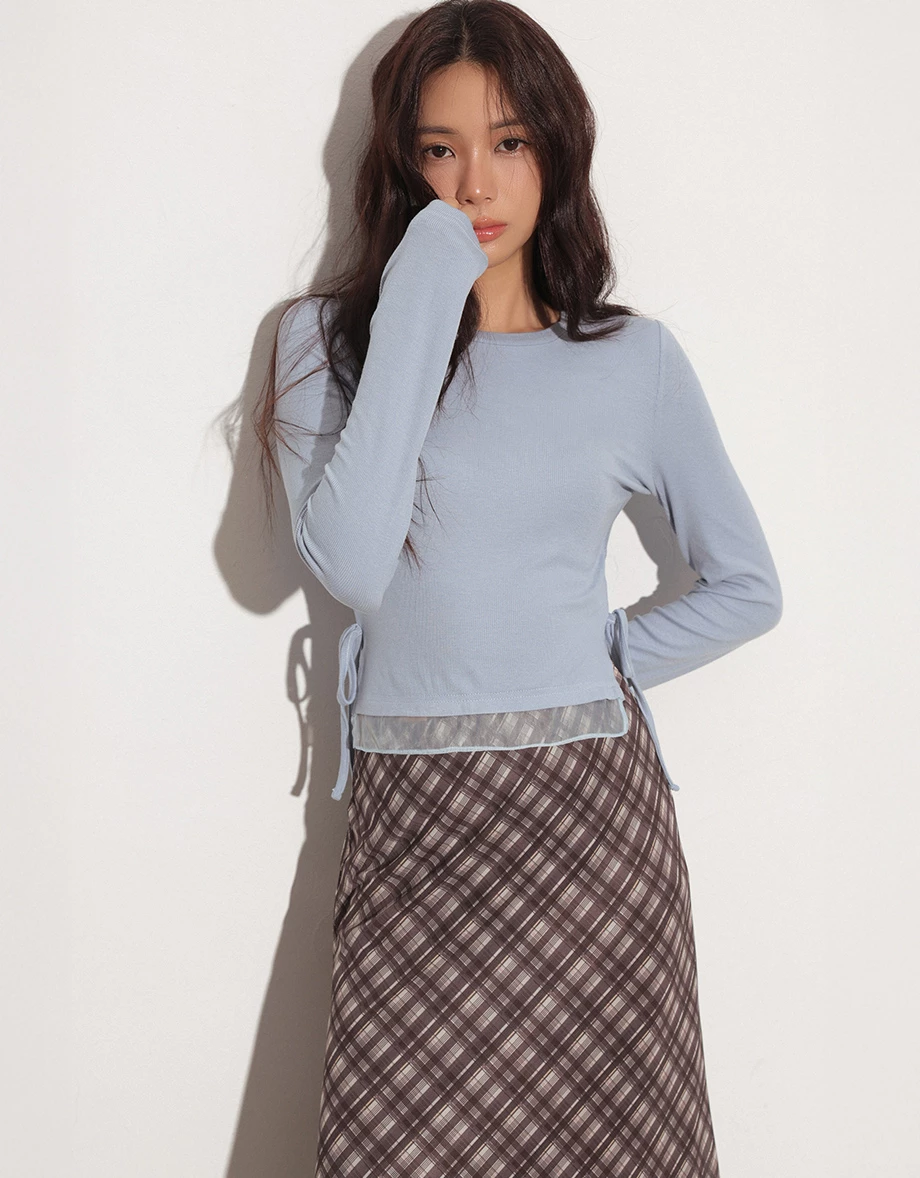 Round Neck Soft Ribbed Knit Top with Side Drawstring Detail