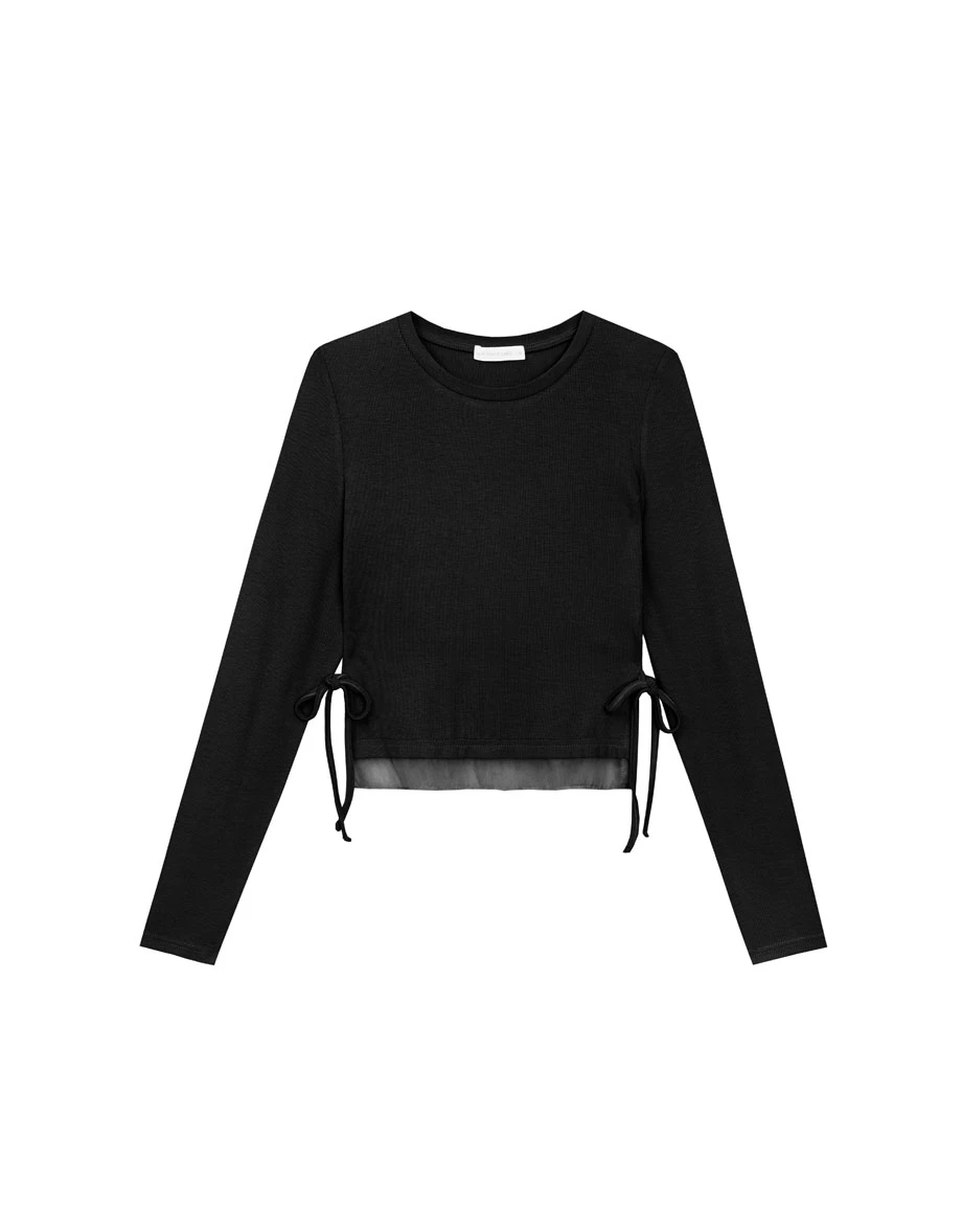 Round Neck Soft Ribbed Knit Top with Side Drawstring Detail