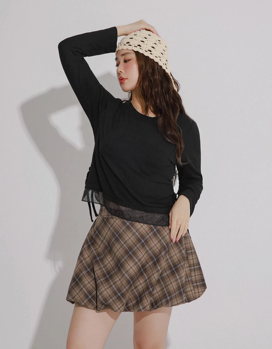 Round Neck Soft Ribbed Knit Top with Side Drawstring Detail