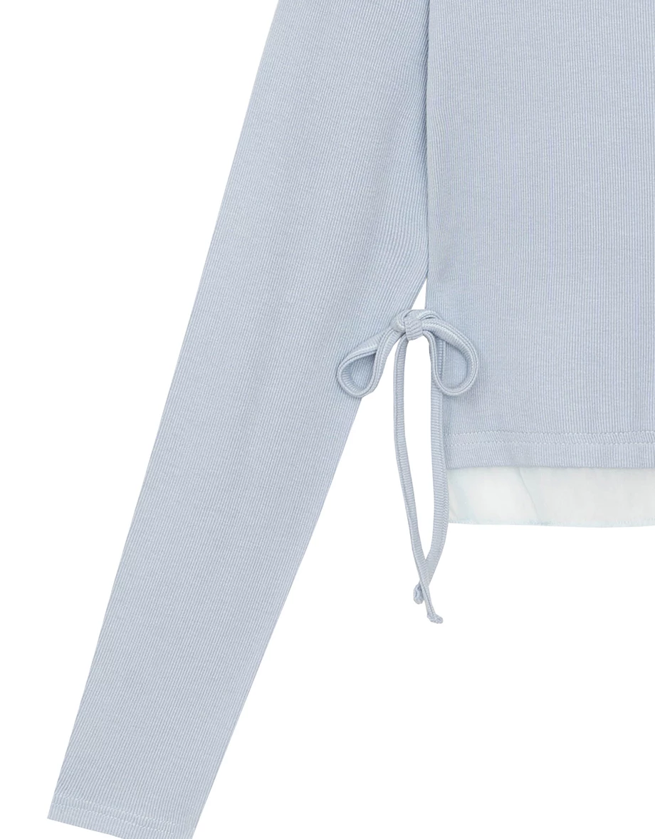 Round Neck Soft Ribbed Knit Top with Side Drawstring Detail