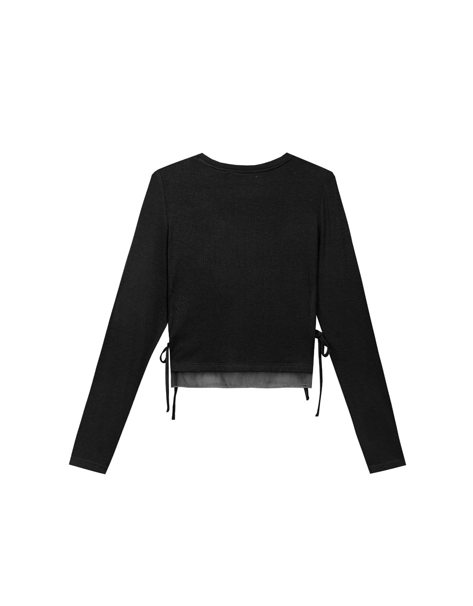 Round Neck Soft Ribbed Knit Top with Side Drawstring Detail