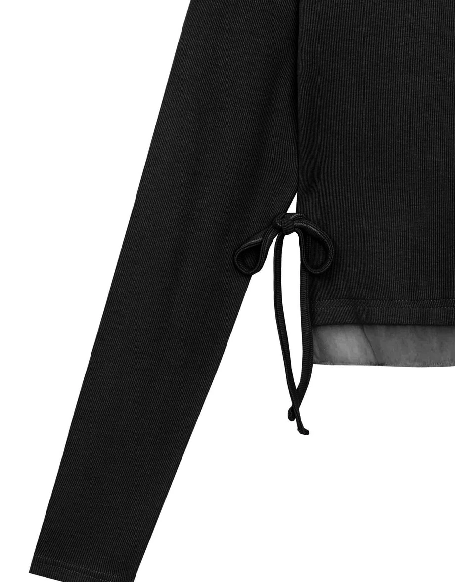 Round Neck Soft Ribbed Knit Top with Side Drawstring Detail