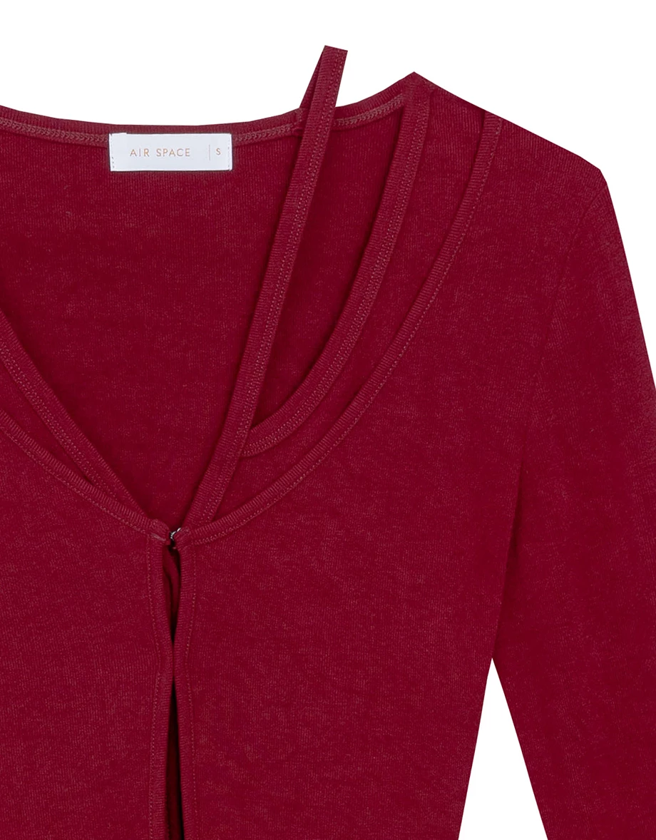 Faux 2 Piece Layered Strap Deep V Neckline Fitted Knit Top