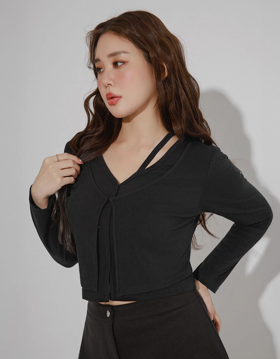 Faux 2 Piece Layered Strap Deep V Neckline Fitted Knit Top