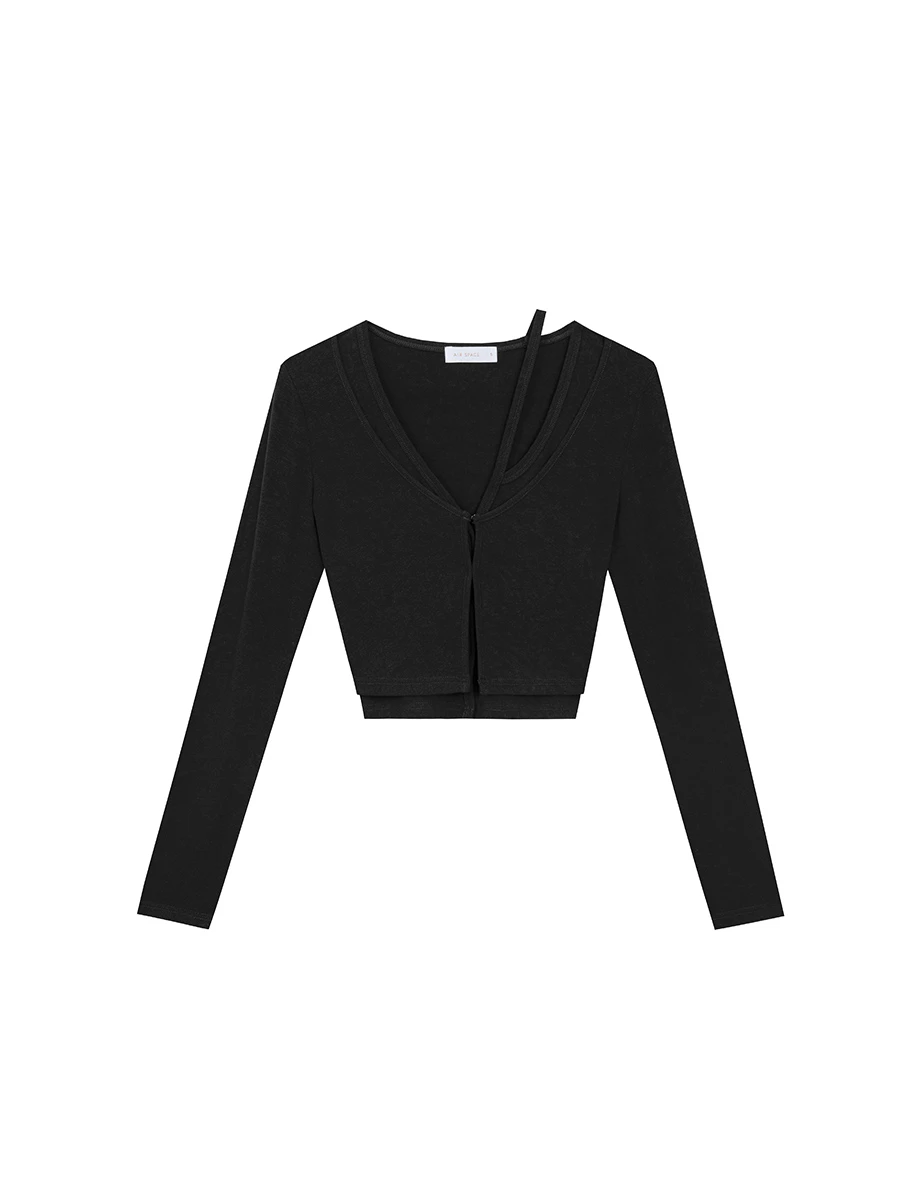 Faux 2 Piece Layered Strap Deep V Neckline Fitted Knit Top