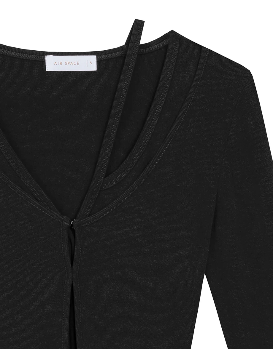 Faux 2 Piece Layered Strap Deep V Neckline Fitted Knit Top