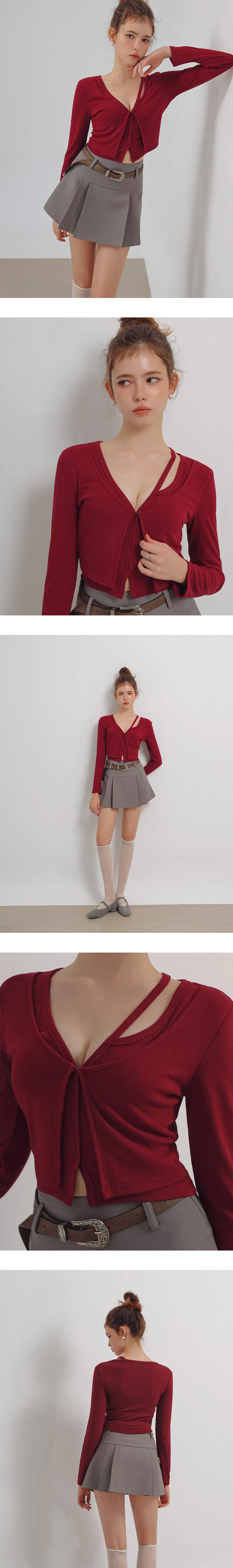 Faux 2 Piece Layered Strap Deep V Neckline Fitted Knit Top