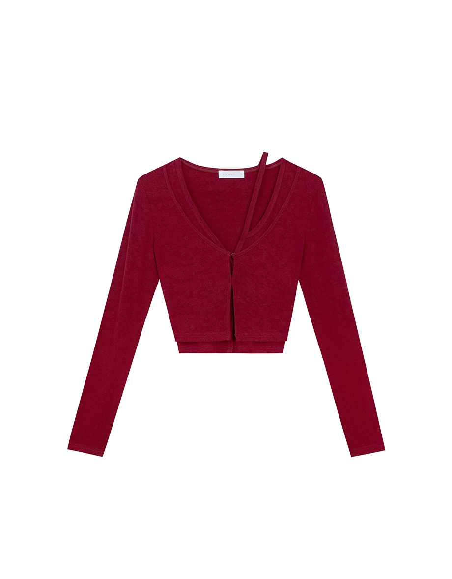 Faux 2 Piece Layered Strap Deep V Neckline Fitted Knit Top