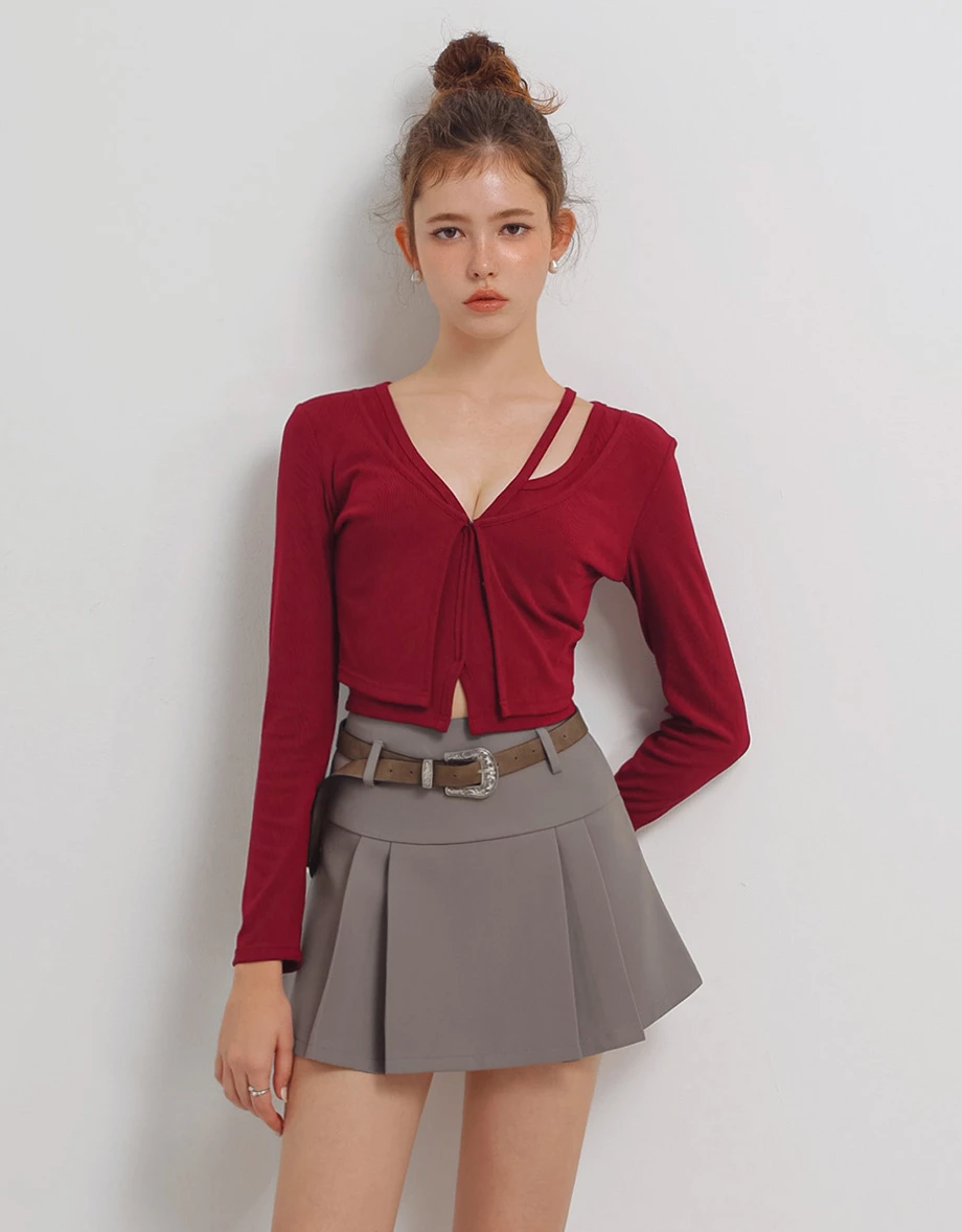 Faux 2 Piece Layered Strap Deep V Neckline Fitted Knit Top