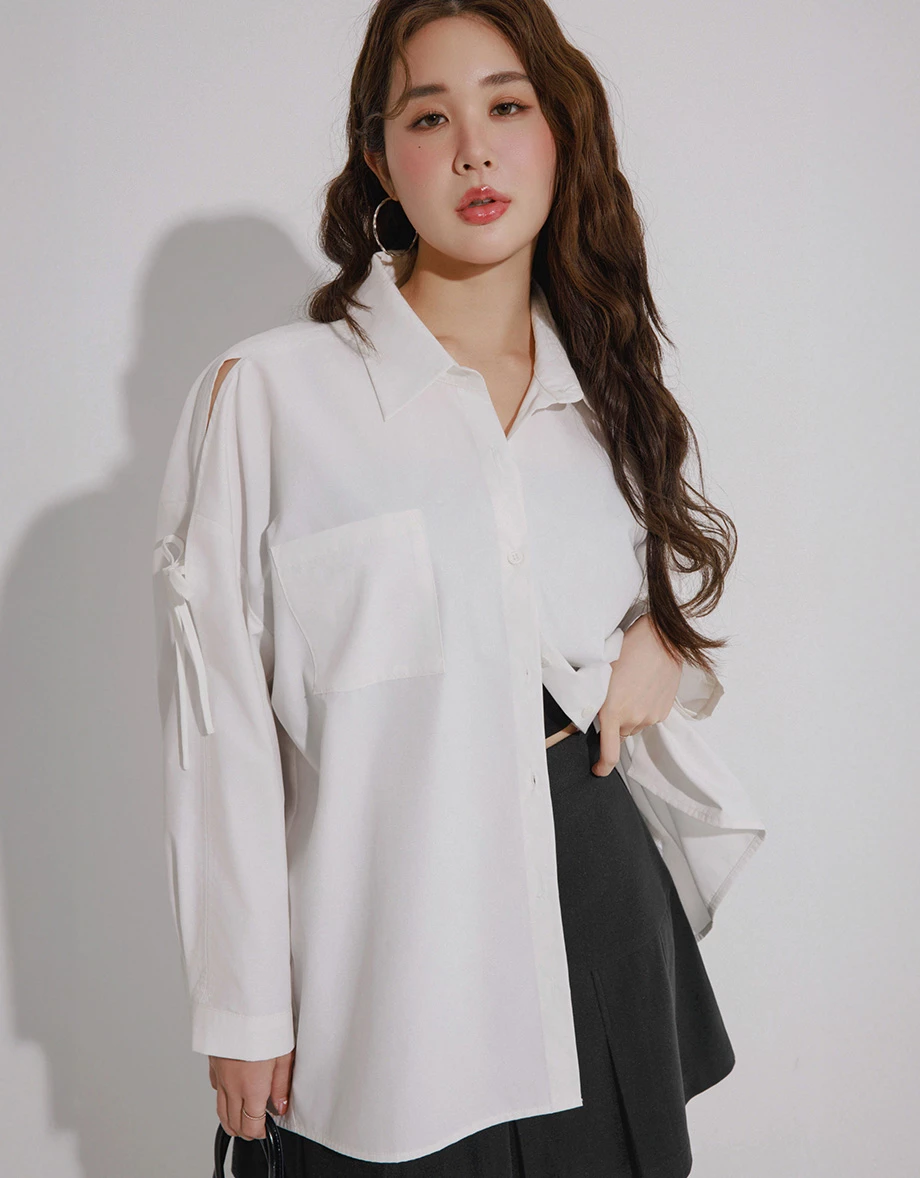 Cut Out Shoulder Tie Detail Shirt Blouse (Plaid/Solid)