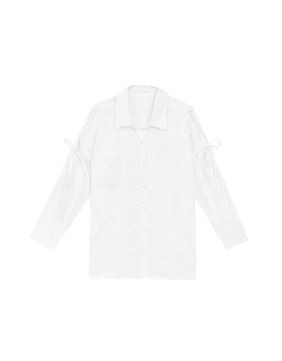 Cut Out Shoulder Tie Detail Shirt Blouse (Plaid/Solid)