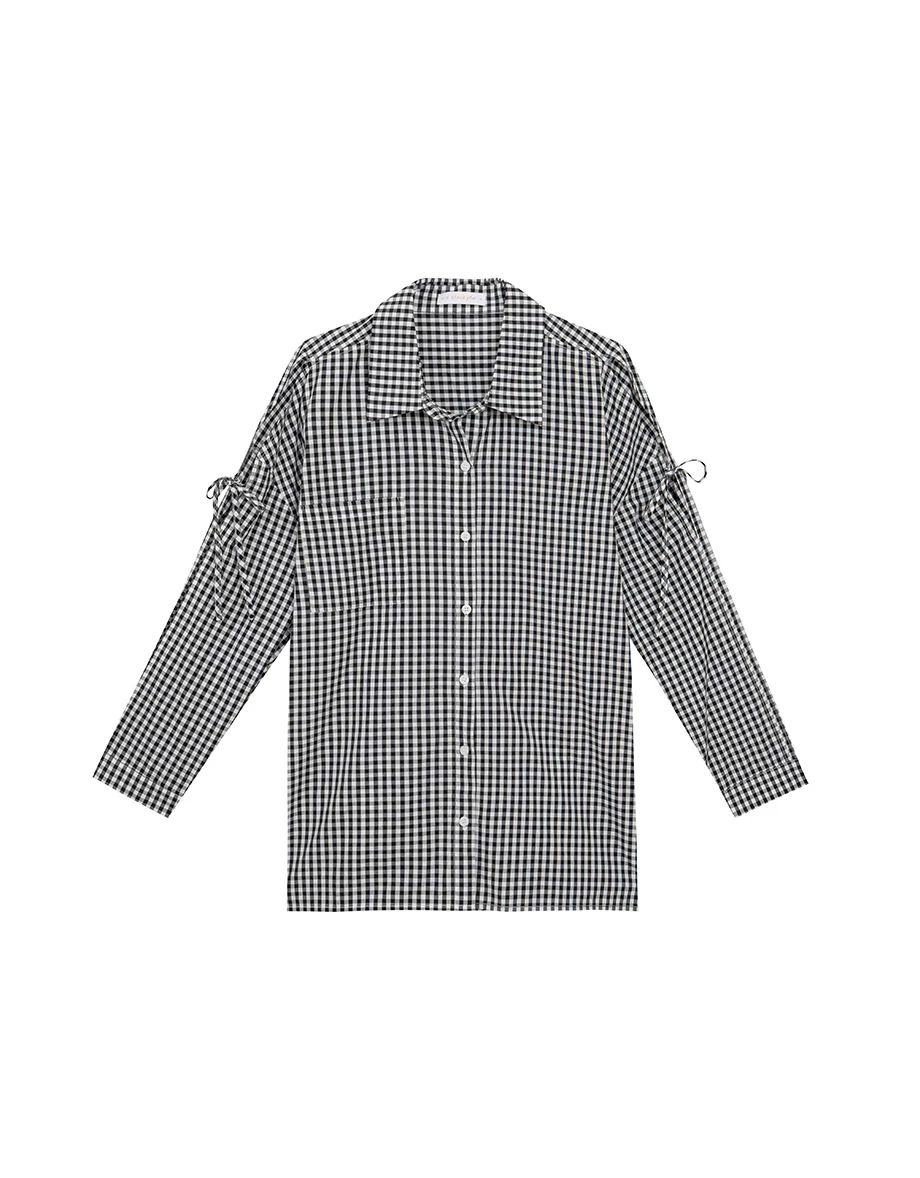 Cut Out Shoulder Tie Detail Shirt Blouse (Plaid/Solid)