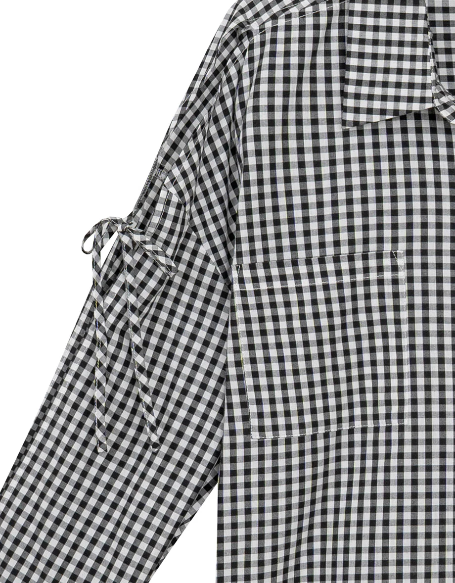 Cut Out Shoulder Tie Detail Shirt Blouse (Plaid/Solid)