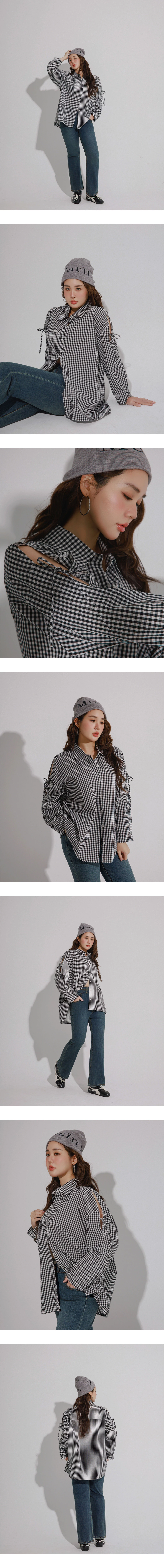 Cut Out Shoulder Tie Detail Shirt Blouse (Plaid/Solid)