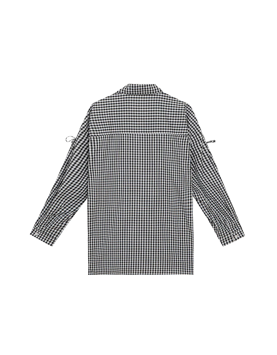 Cut Out Shoulder Tie Detail Shirt Blouse (Plaid/Solid)