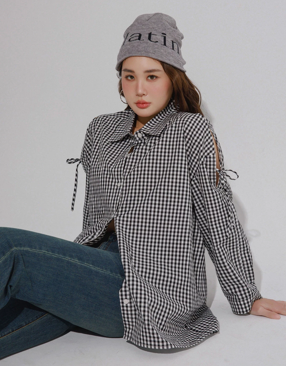 Cut Out Shoulder Tie Detail Shirt Blouse (Plaid/Solid)