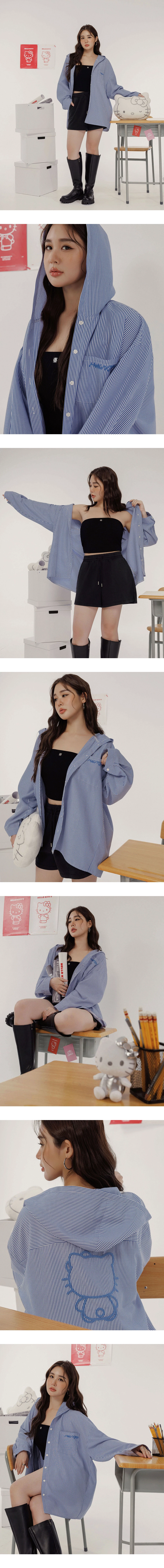 【SANRIO Collab】Hello Kitty Striped Button Up Hooded Shirt Blouse