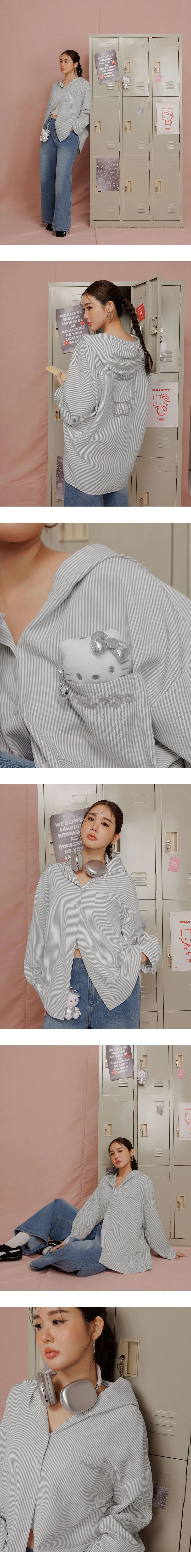 【SANRIO Collab】Hello Kitty Striped Button Up Hooded Shirt Blouse