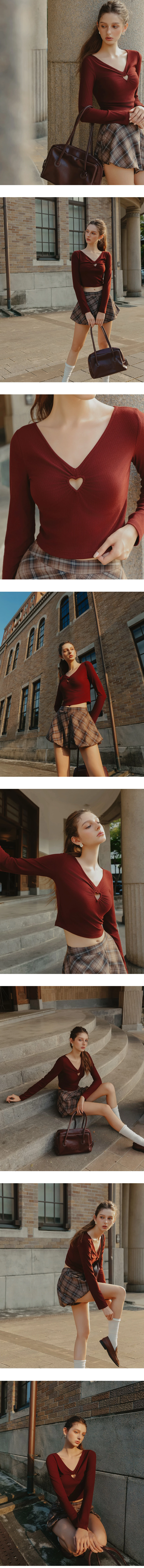 V Neck Heart Cut Out Ribbed Knit Long Sleeve Top V Neck Heart Cut Out Ribbed Knit Long Sleeve Top