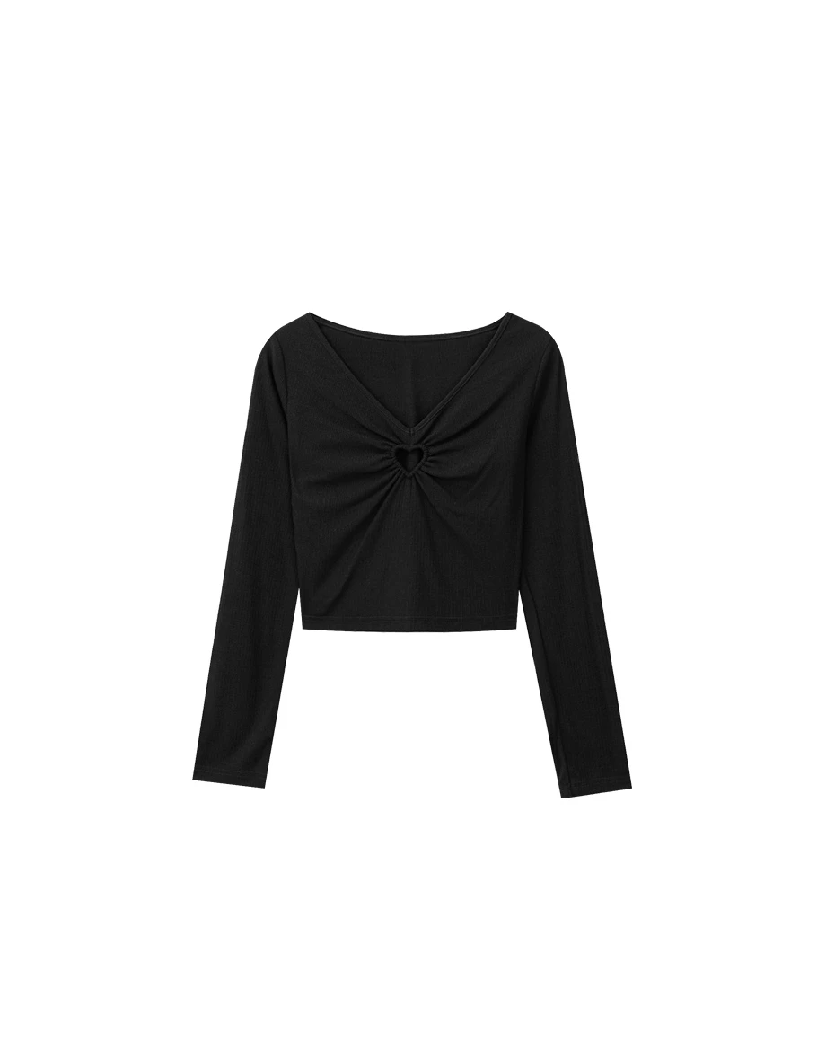 V Neck Heart Cut Out Ribbed Knit Long Sleeve Top