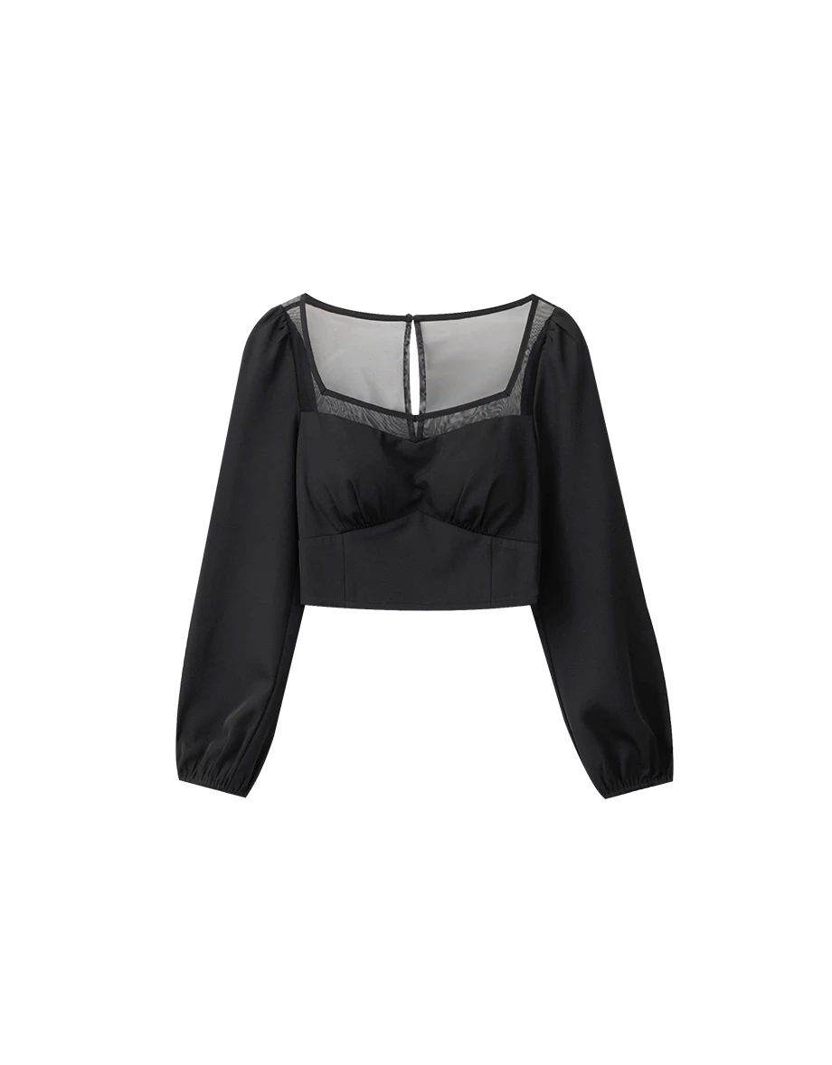 Mesh Panel Sweetheart Neck Long Sleeve Blouse