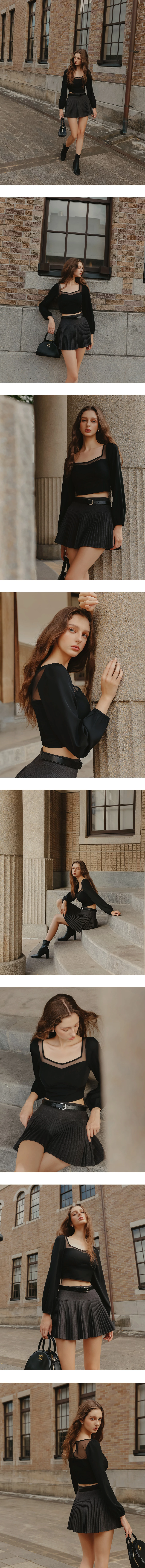 Mesh Panel Sweetheart Neck Long Sleeve Blouse