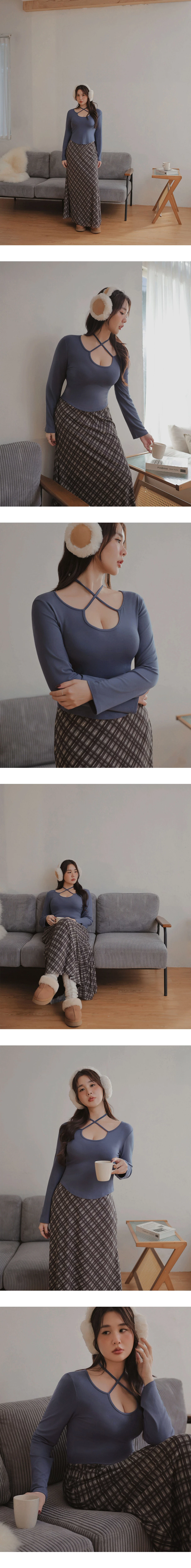 2 Way Cross Halter Tie Long Sleeve U Neck Fitted Top