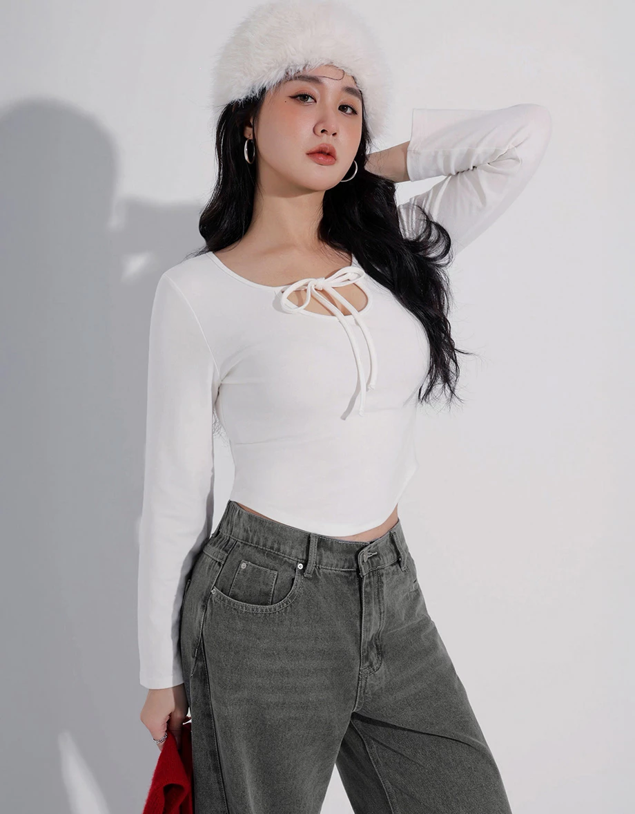 2 Way Cross Halter Tie Long Sleeve U Neck Fitted Top