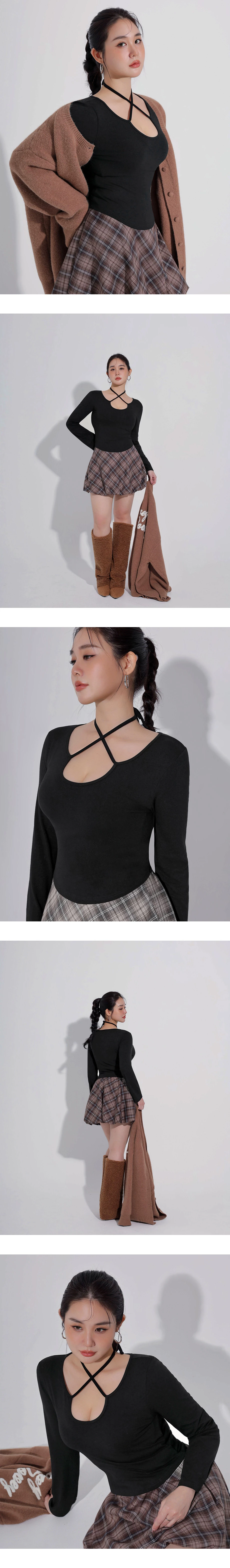 2 Way Cross Halter Tie Long Sleeve U Neck Fitted Top