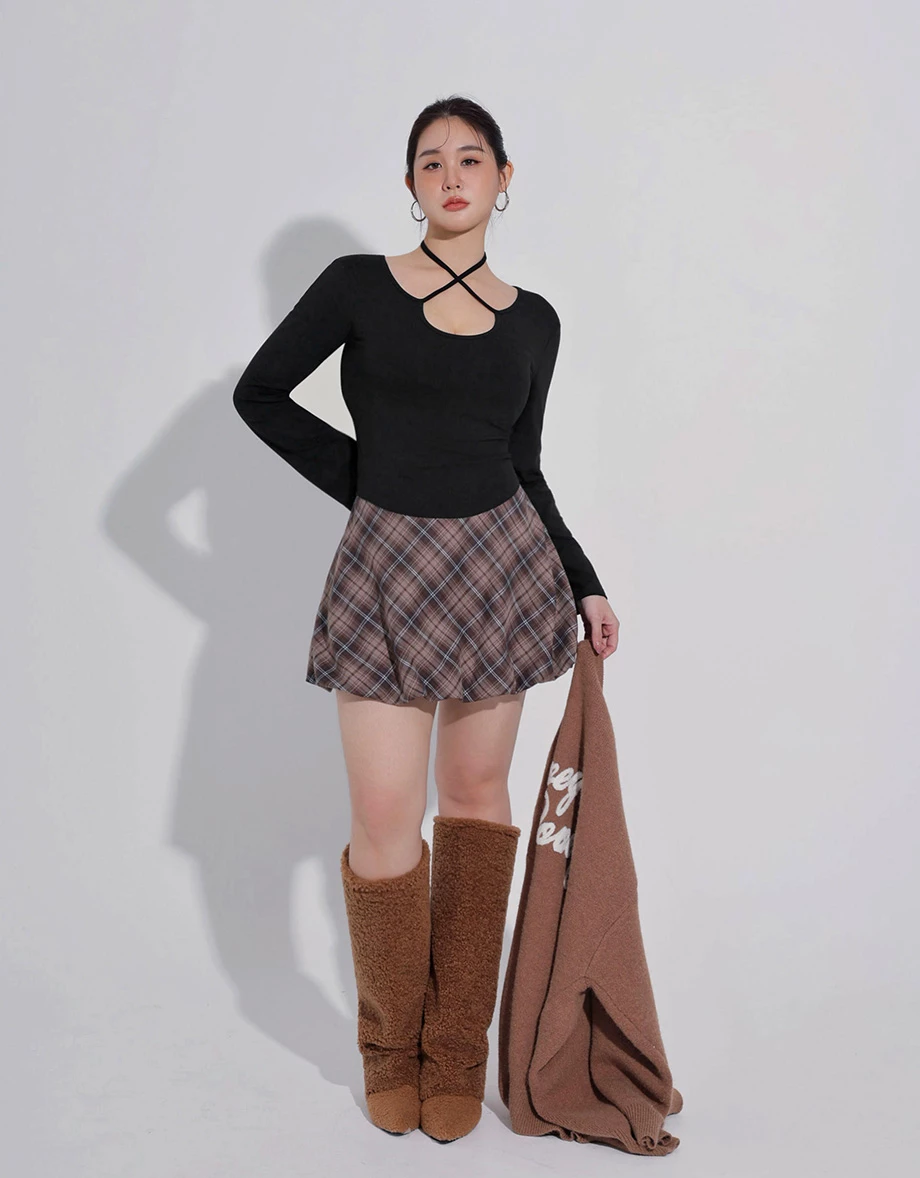 2 Way Cross Halter Tie Long Sleeve U Neck Fitted Top