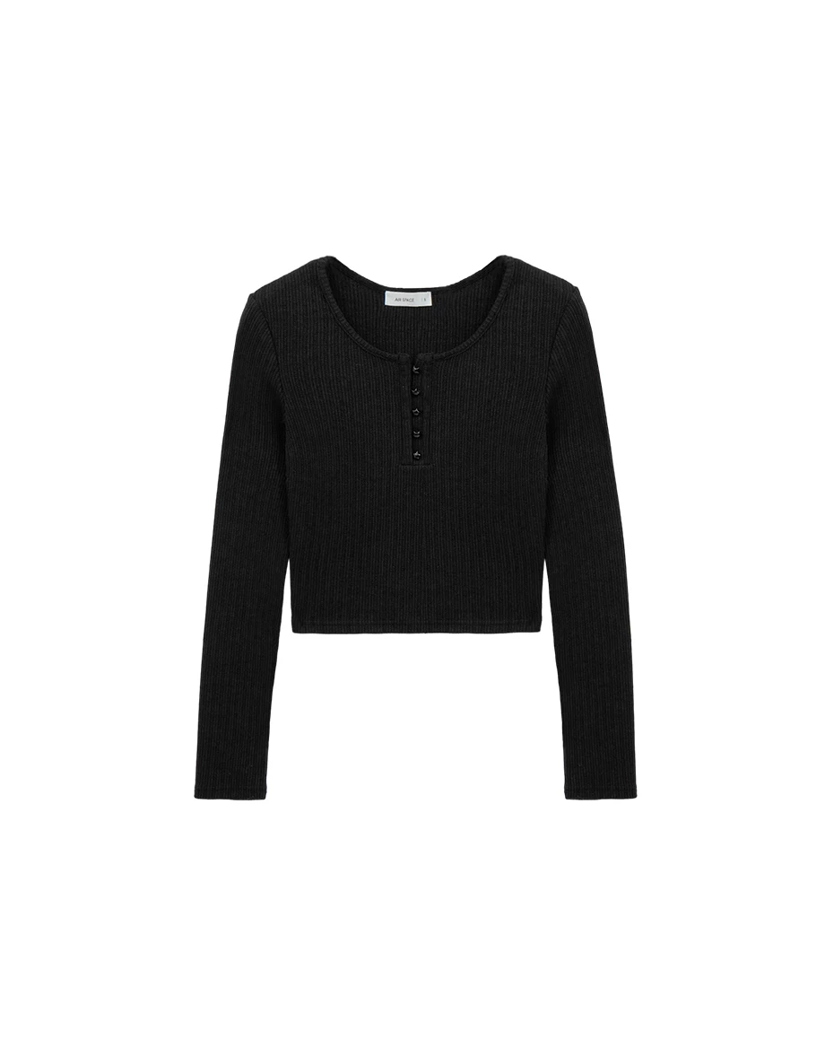 Star Button Split Neck Ribbed Knit Long Sleeve Henley Top