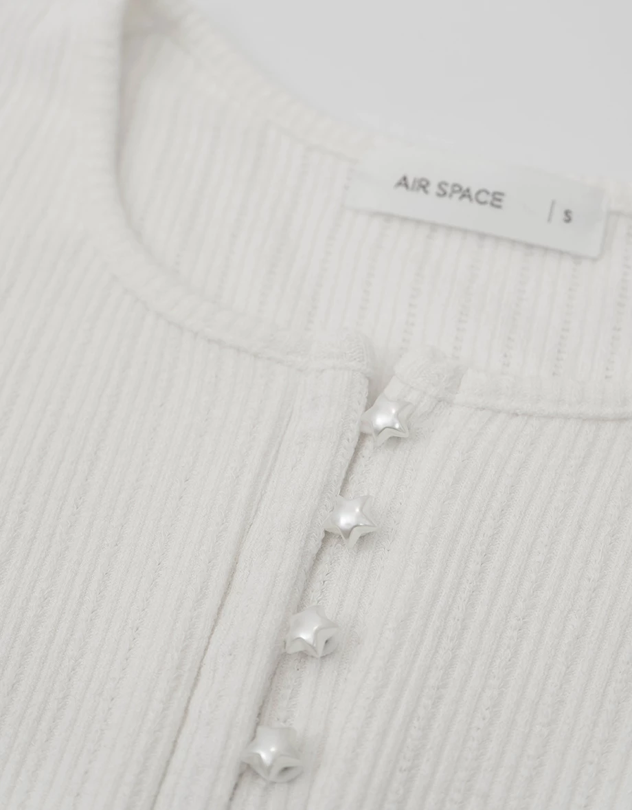 Star Button Split Neck Ribbed Knit Long Sleeve Henley Top Star Button Split Neck Ribbed Knit Long Sleeve Henley Top