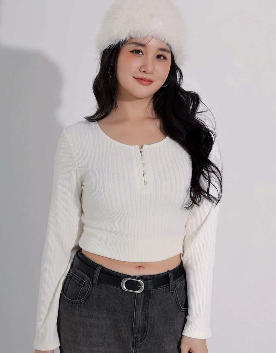 Star Button Split Neck Ribbed Knit Long Sleeve Henley Top Star Button Split Neck Ribbed Knit Long Sleeve Henley Top