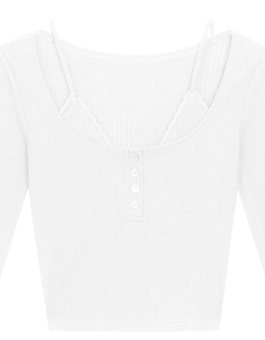 Faux 2 Piece Ribbed Knit Lace Trim Long Sleeve Crop Top Faux 2 Piece Ribbed Knit Lace Trim Long Sleeve Crop Top