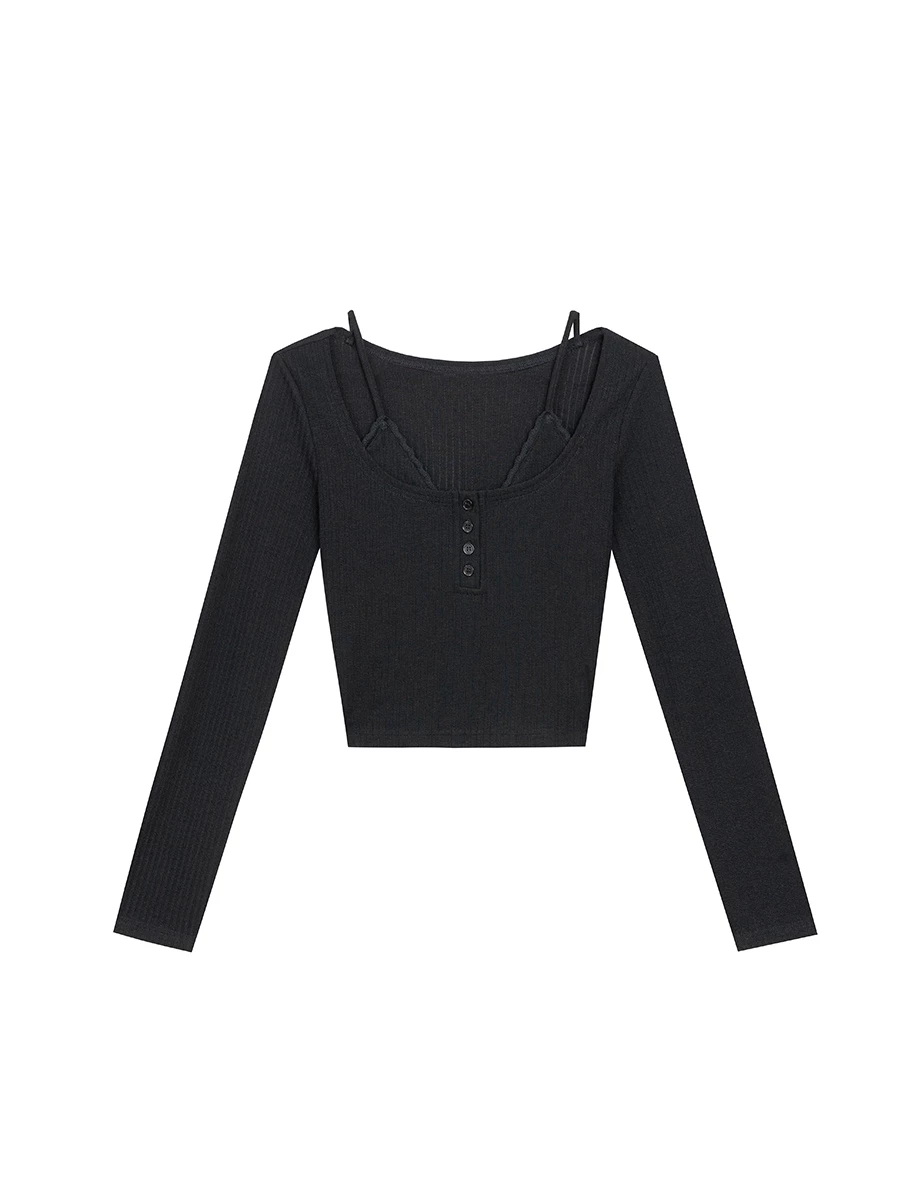 Faux 2 Piece Ribbed Knit Lace Trim Long Sleeve Crop Top Faux 2 Piece Ribbed Knit Lace Trim Long Sleeve Crop Top