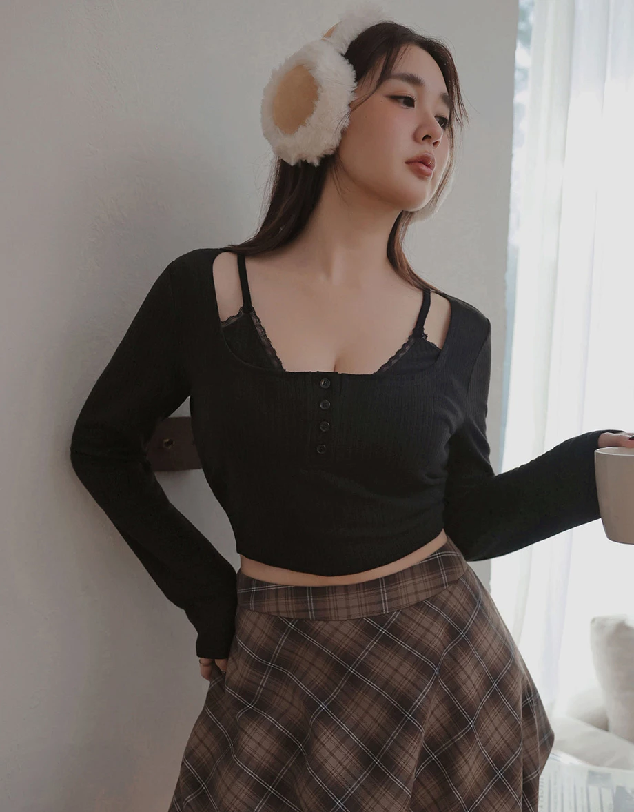 Faux 2 Piece Ribbed Knit Lace Trim Long Sleeve Crop Top Faux 2 Piece Ribbed Knit Lace Trim Long Sleeve Crop Top