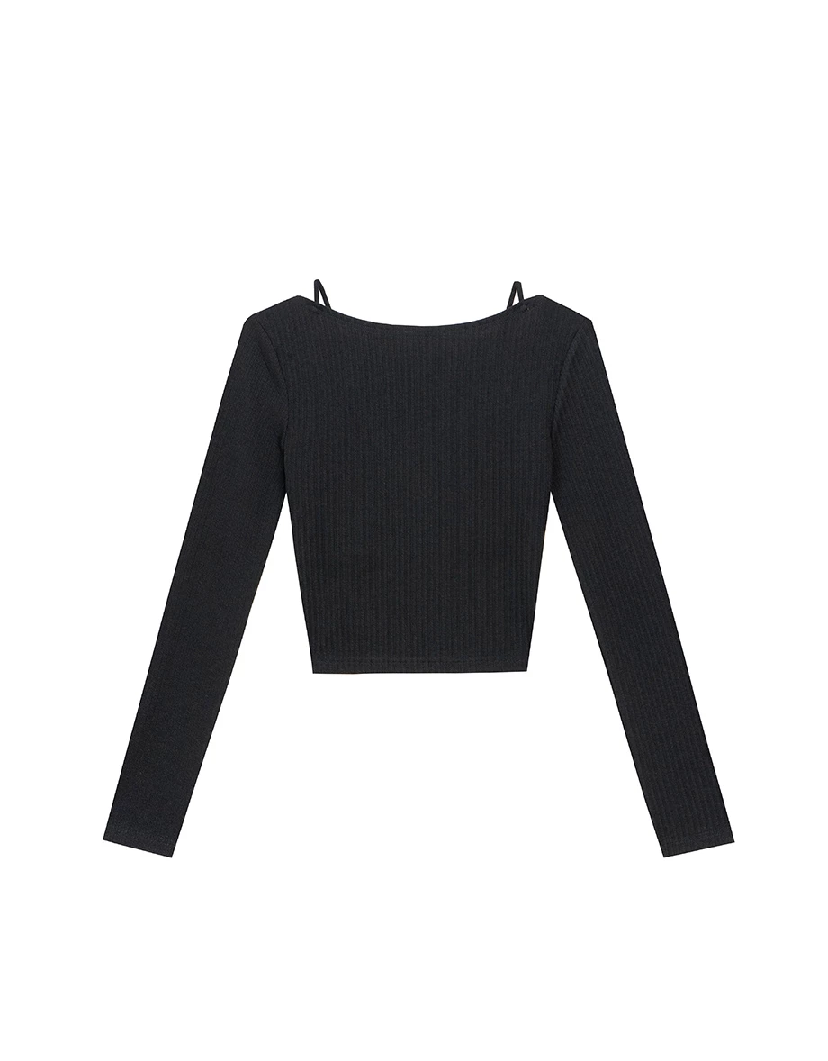 Faux 2 Piece Ribbed Knit Lace Trim Long Sleeve Crop Top Faux 2 Piece Ribbed Knit Lace Trim Long Sleeve Crop Top