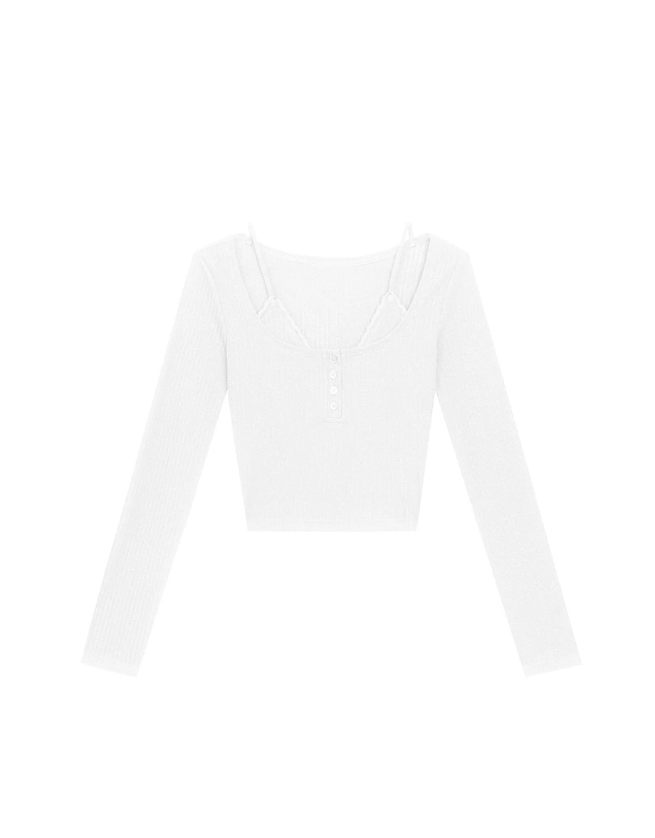 Faux 2 Piece Ribbed Knit Lace Trim Long Sleeve Crop Top