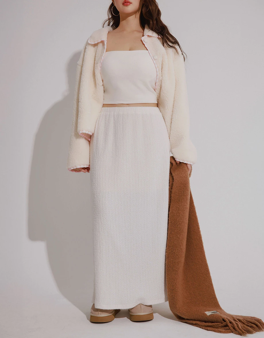 Fluffy Textured A Line Maxi Skirt with Elastic Waist