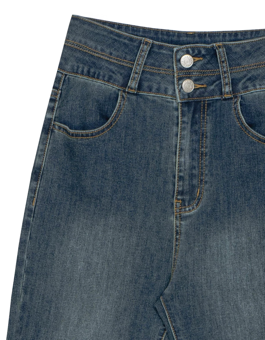 High Waist Double Button Flared Jeans Denim Pants