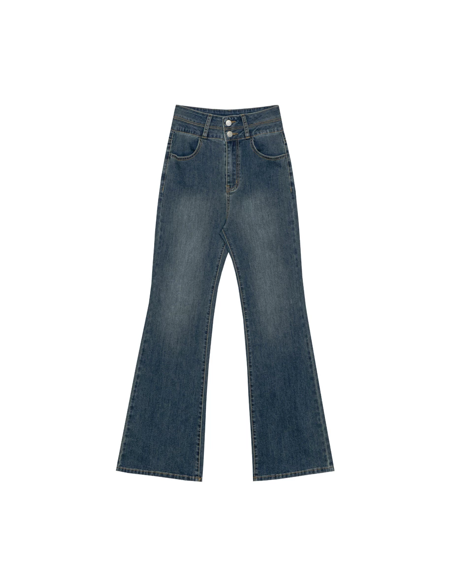 High Waist Double Button Flared Jeans Denim Pants