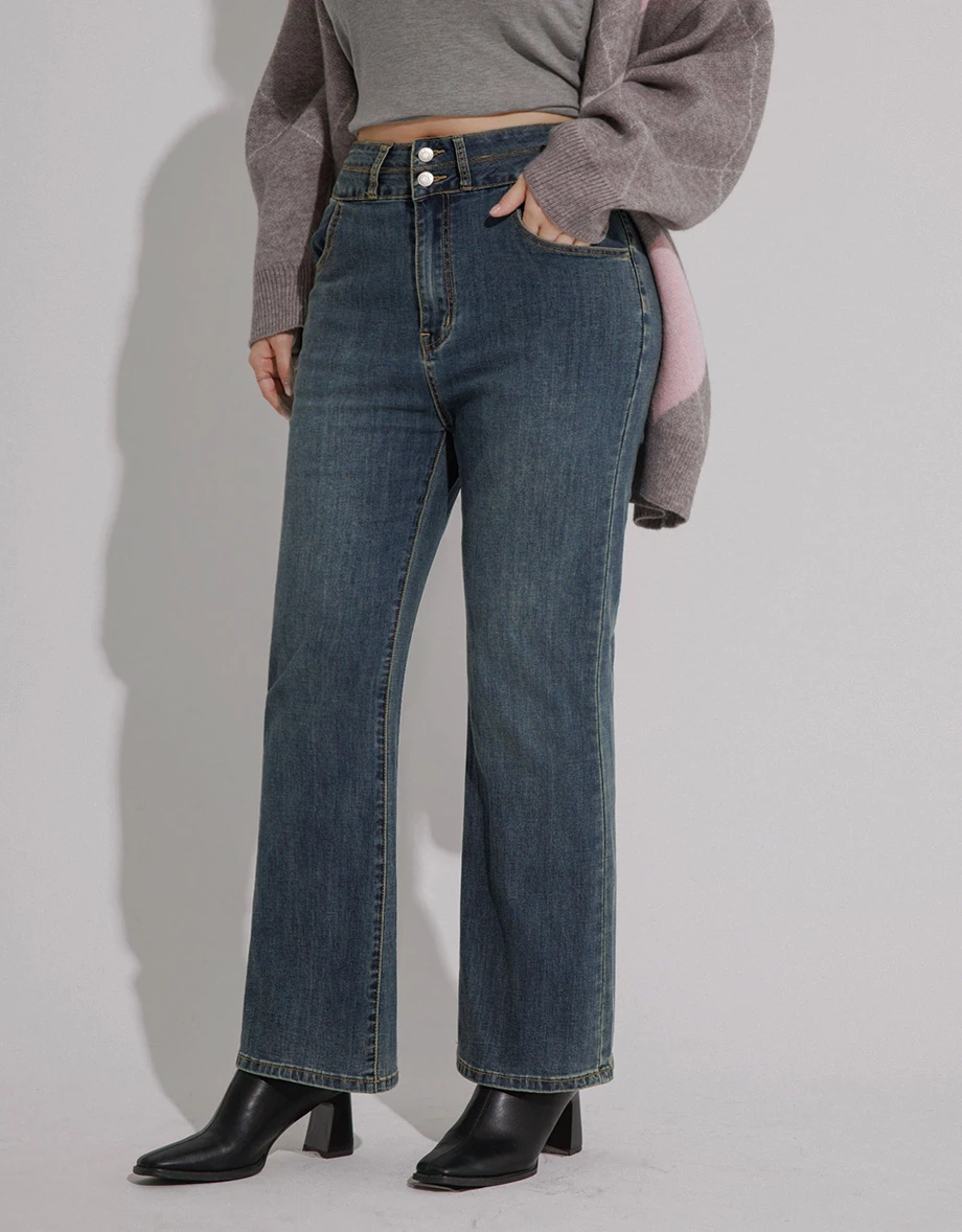 High Waist Double Button Flared Jeans Denim Pants