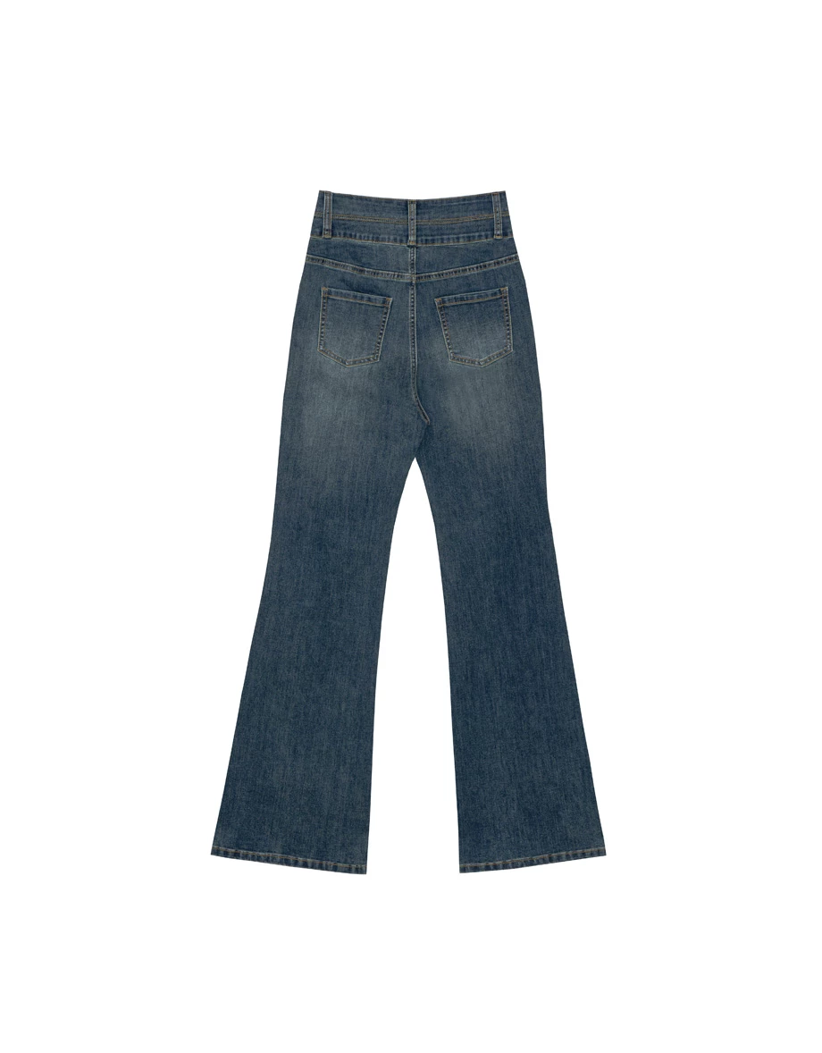 High Waist Double Button Flared Jeans Denim Pants