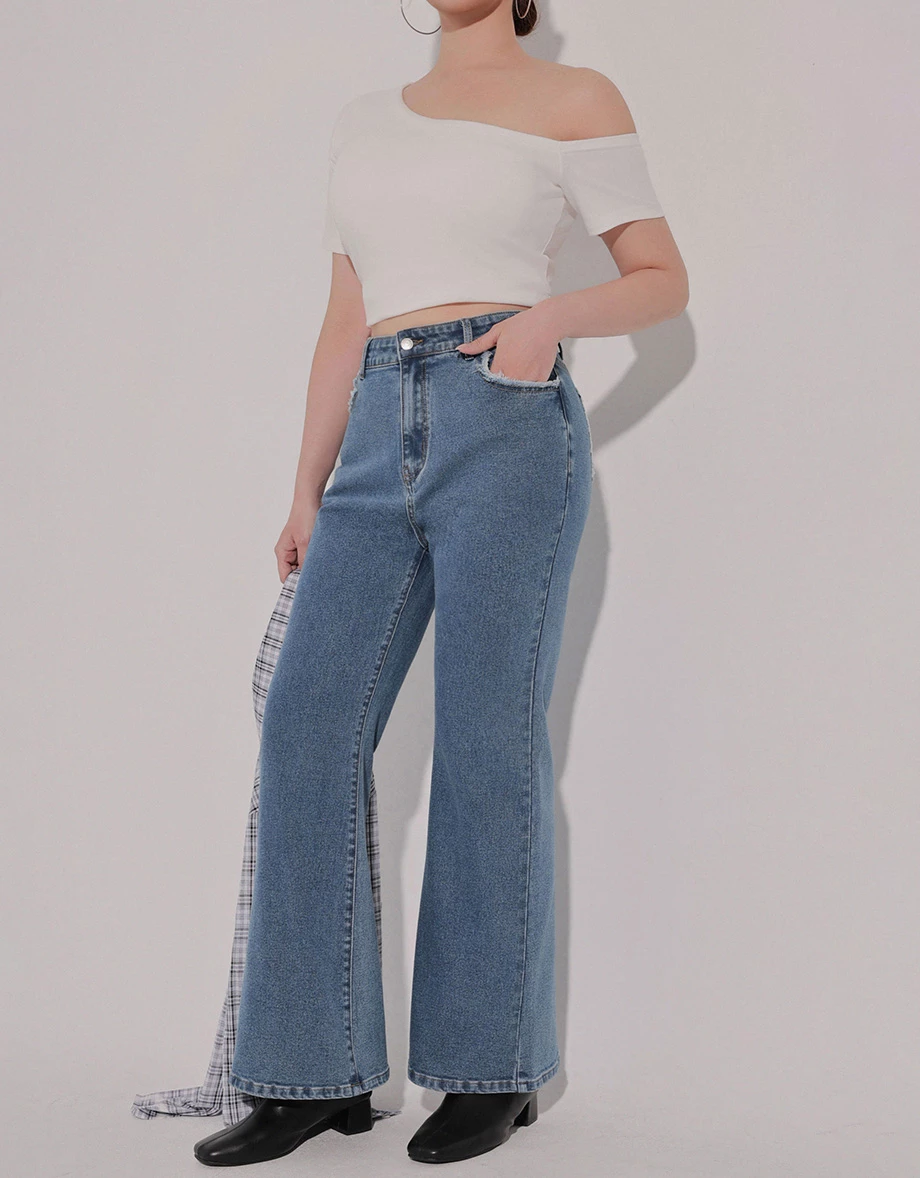 Classic High Waist Frayed Edge Flared Jeans Denim Pants