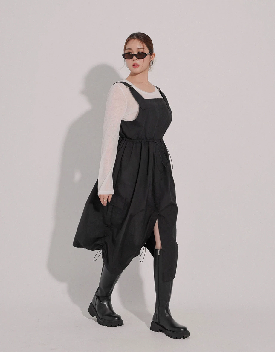 Adjustable Strap Drawstring Waist Cargo Maxi Dress