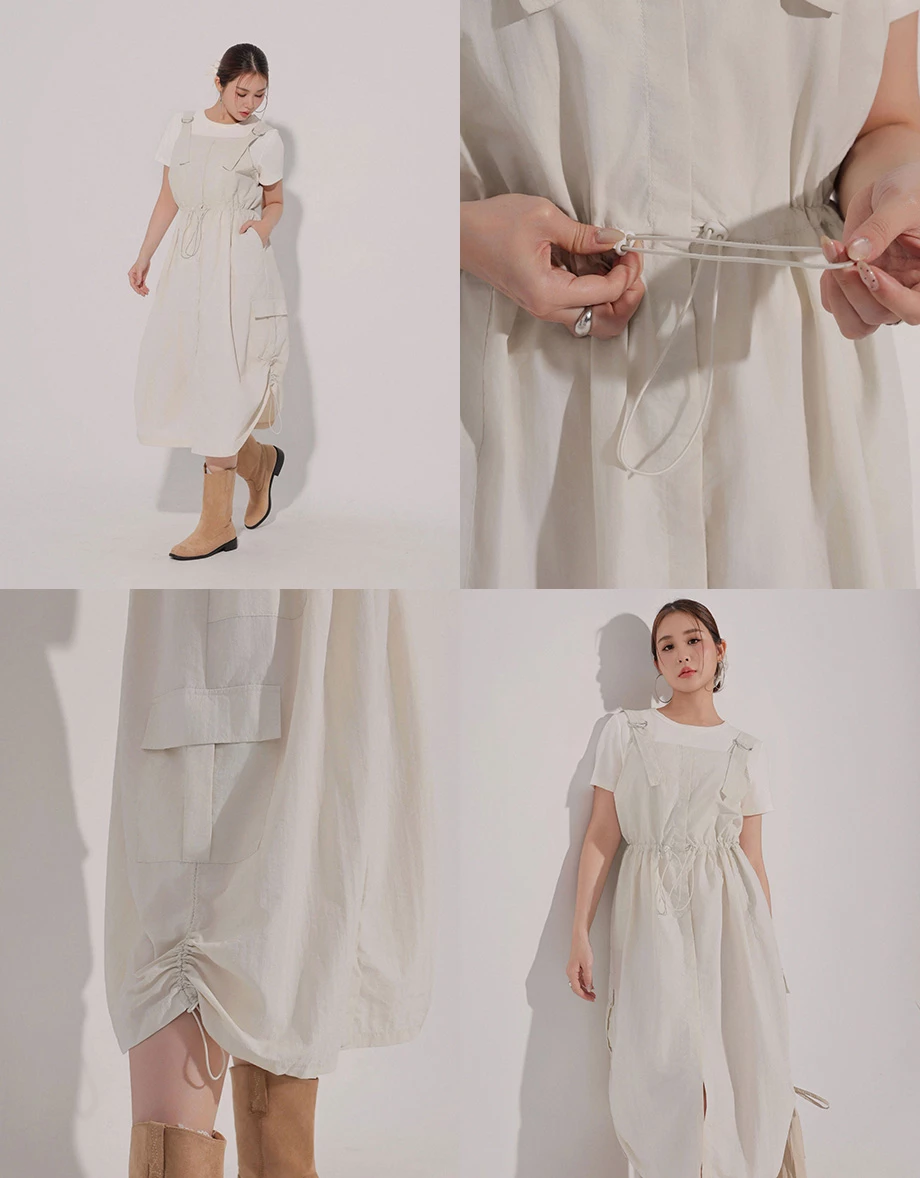 Adjustable Strap Drawstring Waist Cargo Maxi Dress