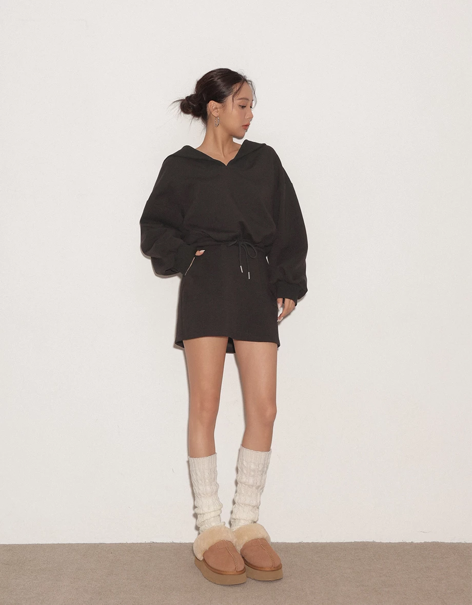 Drawstring Waist Sweat Mini Dress with Sailor Collar