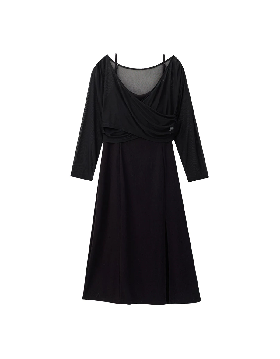 4 Way Sheer Mesh Layered Knit Padded Maxi Dress