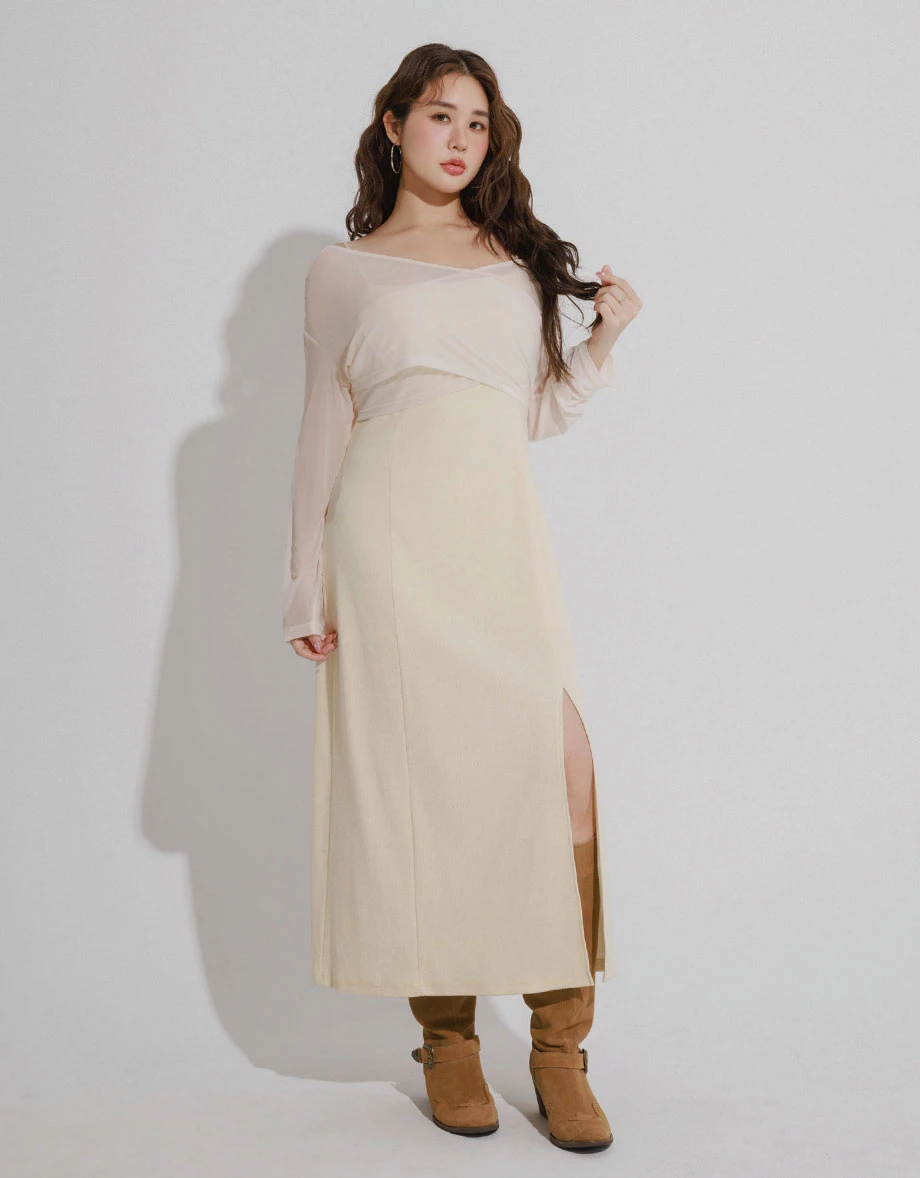 4 Way Sheer Mesh Layered Knit Padded Maxi Dress 4 Way Sheer Mesh Layered Knit Padded Maxi Dress